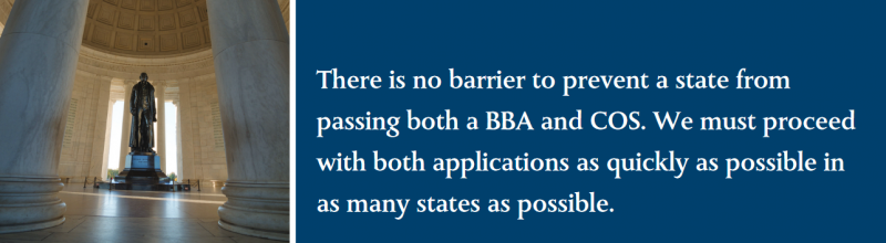 There is no barrier to prevent a state from passing both a BBA and COS. We must proceed with both applications as quickly as possible in as many states as possible. There is no barrier to prevent a state from passing both a BBA and COS. We must proceed with both applications as quickly as possible in as many states as possible.